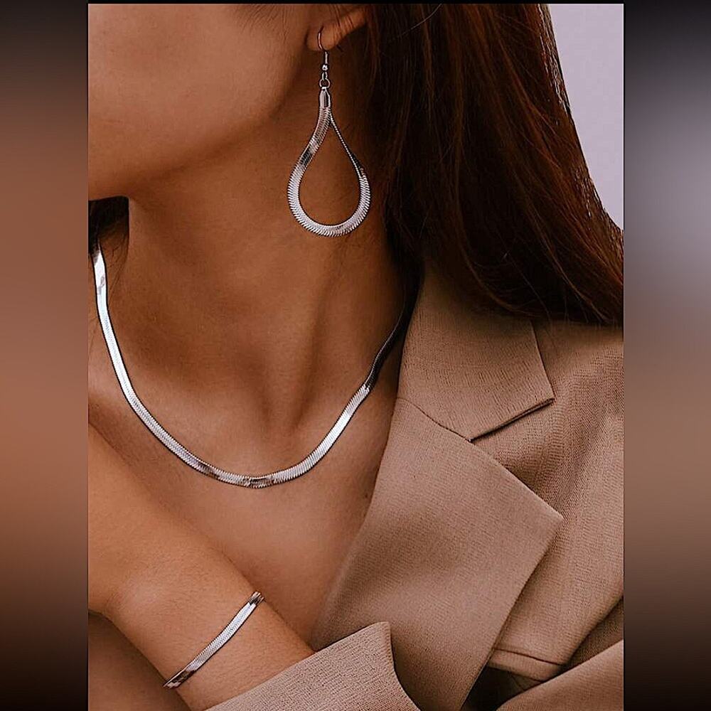 Sterling Silver Necklace Earrings Bracelet Set, Three piece Herringbone Set